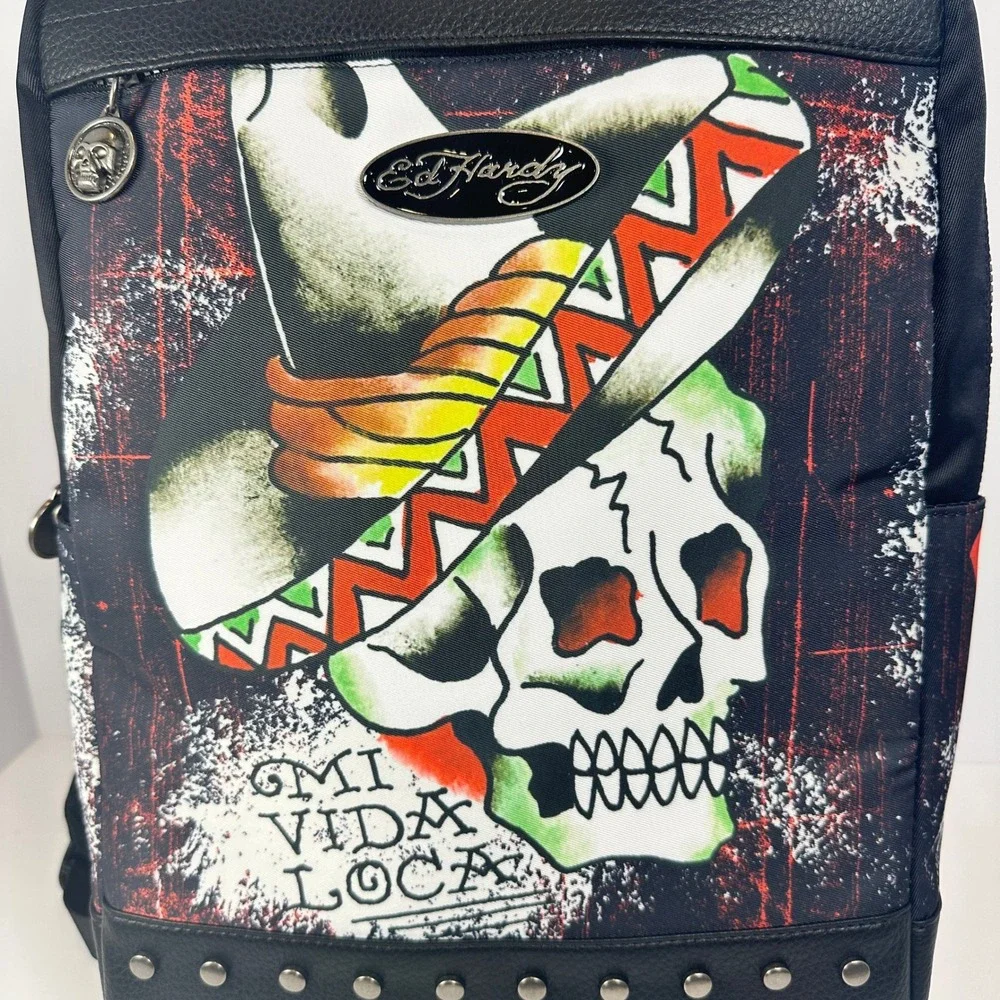 Ed‎ Hardy Backpack Mens OS Black Mi Vida Loca Skull Studded Tattoo Graphic Bag